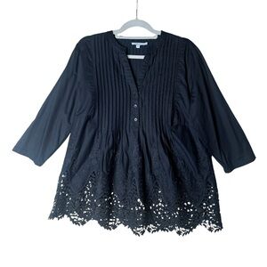 Chico's Women’s 3/4 Sleeve Pintuck Embroidered Blouse Size US 12 BLACK Top